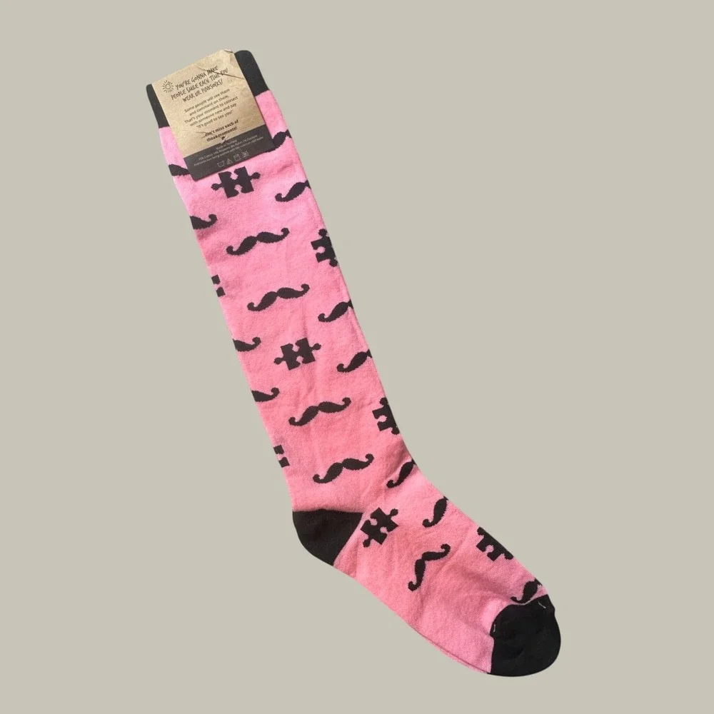 Pinksocks Socks Unisex OS Pink Mustache Puzzle Piece Knee High Novelty Fun